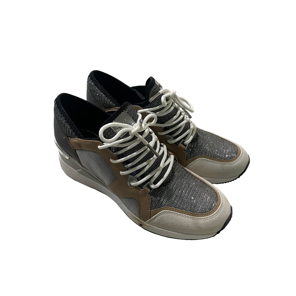 Michael Kors Georgie Wedge Sneakers Silver Glitter Tan Leather Womens 8.5M HJ201